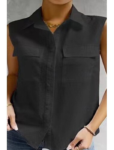  Damen Hemd Knopfleiste Bluse Einfach Basic Modern Lässig Ärmellos Hemdkragen Normale Oberteile Täglich Ausgehen Knöpfe Tasche Schwarz Weiß Leicht Blau Sommer
