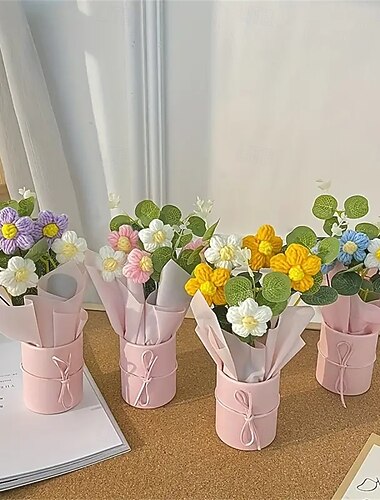  Handgemaakt Geweven Garens Kunstmatige Bloem Boeket - 1 Set Inclusief Geweven Stof Bloemen Plastic Emmer Wikkelpapier 5 Garens Haakbloemen - Geschikt voor Cadeaus Huisdecoratie Kerstcadeau