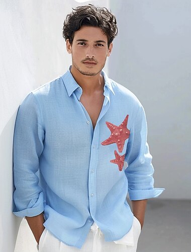  Per uomo Camicia Camicia in cotone e lino Stella marina All'aperto Vacanza Bianco Azzurro cielo Manica Lunga Colletto arrotolato Estate Primavera Abbigliamento Bottoni