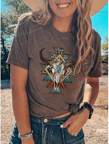  Women's Summer Tops Graphic Tribal Fashion Western Casual Short Sleeve Round Neck Regular Tops Daily Going out Weekend Patchwork Print Brown Summer Spring