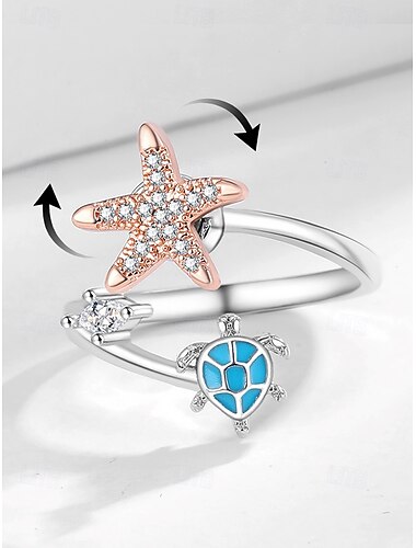  verstellbarer Ring mit Seestern und Meeresschildkröte – drehbarer Kristallring mit Meeresmotiv, Strandschmuck aus Silber und Roségold für Frauen und Mädchen, stilvolles Sommeraccessoire für den Urlaub und als Geschenk