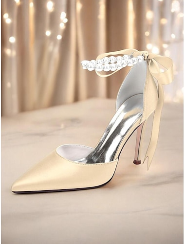  Escarpins de mariage en satin champagne pour femmes avec bride cheville en perles - Escarpins stilettos élégants pour mariées et cocktails
