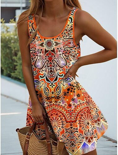  Damen Minikleid A Linie Kleid Sommerkleid Schulterfreies Kleid Urlaub Lässig Täglich Lässiger Schnitt Grafik Geometrisch Ärmellos U-Ausschnitt Purpur Orange Grün Sommer