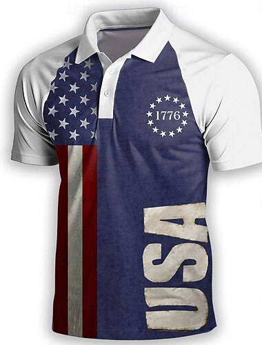  Amerikanischer Unabhängigkeitstag Herren Amerikanische Flagge Polo Kurzarm Polo-Shirts Hemden mit Kragen Vintage Lässig Outdoor Athleisure Knöpfe 3D-Druck Sommer Weiß Blau