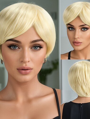  Synthetische Perücken Glatt Natürlich glatt Asymmetrisch Gerader Pony Maschinell hergestellt Perücke 10 Zoll A1 Synthetische Haare Damen Kühl Klassisch Hervorgehobenes / Balayage-Haar Blond