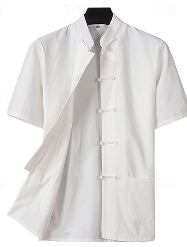  Voor heren Overhemd Linnen overhemd Normaal shirt Overhemd met knopen Katoenen shirt Effen Vakantie Straat Zwart Wit Marineblauw Khaki Korte mouw opa kraag Zomer Kleding Button-omlaag