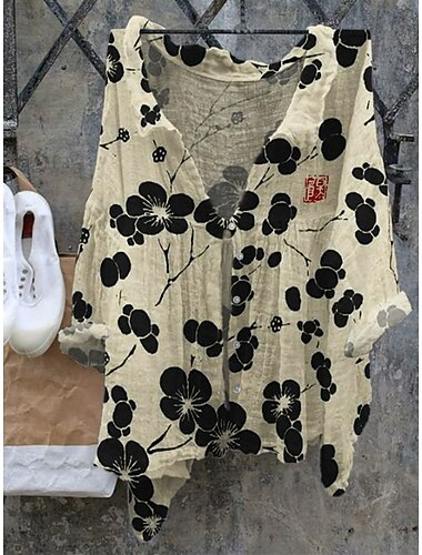  Dam Blus Blommig Stylish Ledigt 3/4 ärm V-hals Vanliga toppar Dagligen Helgdag Standkläder knyt fram Mönster Vit Rodnande Rosa Purpur Kaki Beige Sommar Vår
