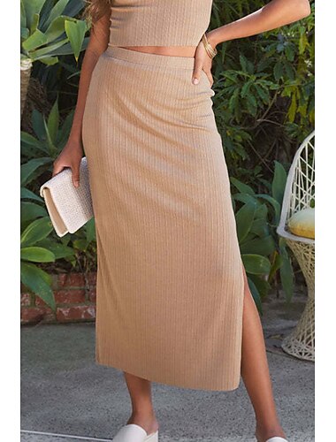  Women's Skirt Bodycon Casual Midi Mid Rise Skirts Plain Split Ends Micro-elastic Street Going out Black White Camel Summer Polyester