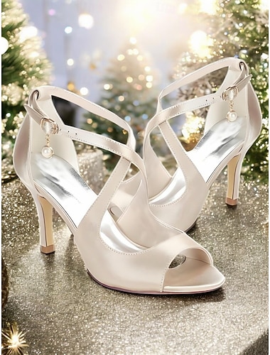  Escarpins à bout ouvert en satin pour femmes avec bride à la cheville en perles – chaussures de mariage champagne élégantes pour mariées et demoiselles d'honneur