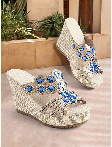  Damen-Keilsandalen mit Strasssteinen – glitzernde Plateausandalen mit offener Spitze und Schmucksteinverzierung für den Sommer, Strandbekleidung und lässig-schicke Outfits