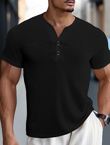  Per uomo Maglia Henley a nido d'ape Maglietta Manica Corta Tinta unica Semplice Maglieria Bottoni Henley All'aperto Casuale Quotidiano Estate Primavera & Autunno Nero Bianco Blu Maglietta Henley