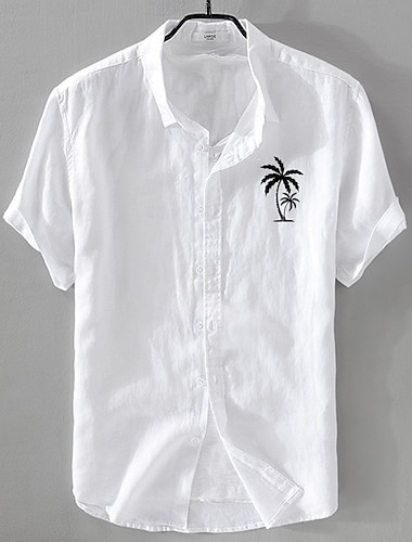  Herr Linneskjorta Minimalistisk Aloha skjorta Casual skjorta Linneskjorta i bomull Knapp upp skjorta Kokosnötsträd Semester Gata Vit Mörk marin Himmelsblå Grå Kortärmad Kavajslag Sommar Kläder