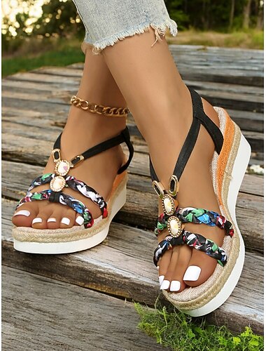  Dames boho platform wedge sandalen – gevlochten bandjes zomer sandalen met edelsteen accenten voor casual, strand en vakantie