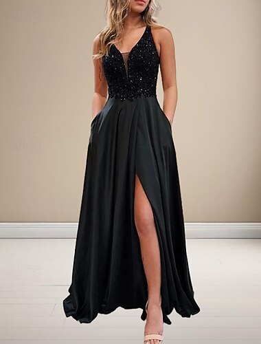  A-Linie Abendkleider Glänzend Kleid Abiball Geburtstag Pinsel Schleppe Ärmellos V Ausschnitt Pailletten Criss-Cross Rückenausschnitt mit Glitzer Perlenstickerei Paillette 2025