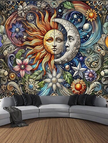  Sonne und Mond Mandala Wandteppich Wandkunst großer Wandteppich Wandmalerei Dekor Fotograf Hintergrund Decke Vorhang für Zuhause Schlafzimmer Wohnzimmer Dekoration