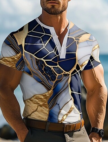  Per uomo Modello in marmo Maglietta Maglia Henley Manica Corta Designer Retrò Vintage Streetwear Casuale Quotidiano Estate Primavera Marrone Scuro Blu marino Caffè Henley Maglietta Henley