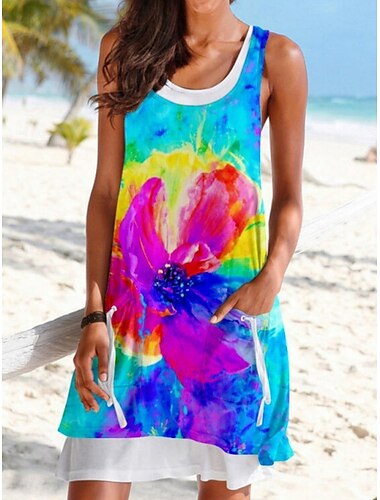  Damen Minikleid T-Shirt-Kleid Sommerkleid A Linie Kleid Urlaub Lässig Strand Täglich Normale Passform Ombre Batik Ärmellos U-Ausschnitt Blau Grün Grau Sommer