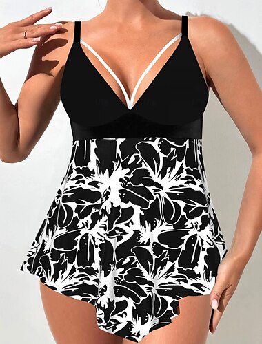  Dámské Větší velikosti Plavky Bikiny Tankini 2 ks Odvážné Plavky Hluboké V Push Up Pletený stylové Oblečení na pláž Květiny Ponořit se Bez rukávů Plavky