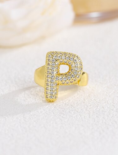  personalisierter Buchstabenring, Geschenk für Mama, 18 Karat vergoldeter verstellbarer Ring, Kupfer mit Zirkon, offener Bandring mit Anfangsbuchstaben, eleganter und stilvoller Schmuck für Frauen