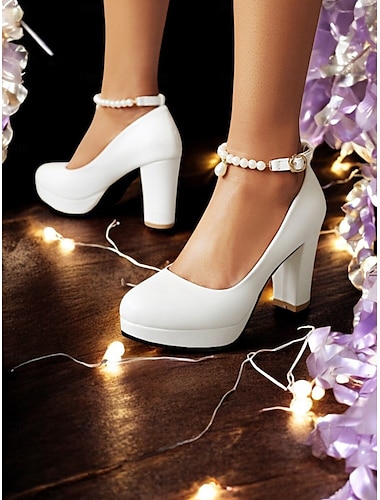  Zapatos de tacón alto blancos para mujer con correa de perla en el tobillo: elegantes tacones de plataforma para bodas, bailes de graduación y ocasiones formales.