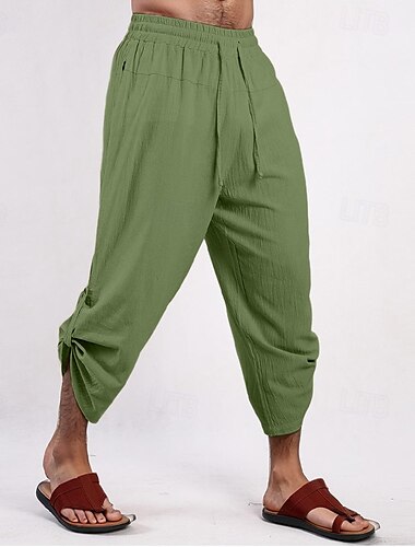  Herren Caprihose Leinenshorts Kurze Hosen Sommer-Shorts Strandshorts Kurze Hosen Kordelzug Elastische Taille Bein Kordelzug Glatt Komfort Atmungsaktiv Knielänge Outdoor Festtage Strand Modisch