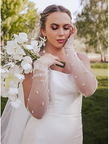  Gants de mariée élégants en perles transparentes – longs gants de mariage en tulle pour femmes, manches sans doigts en maille vintage, accessoire de fête formelle et d'occasion spéciale