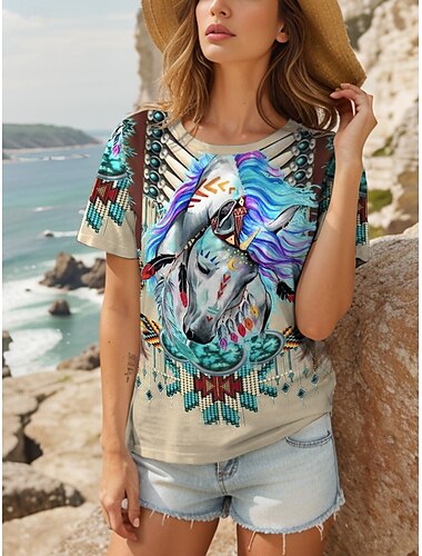  Kentucky Derby Damen T Shirt Grafik Tiermotiv Pferd Lässig Trendy Kurzarm Rundhalsausschnitt Rundhals Normale Oberteile Täglich Druck Blau Sommer