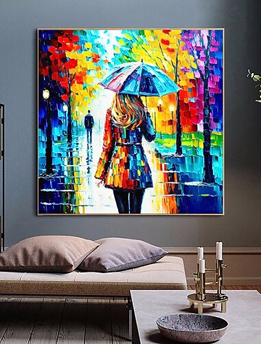  peinture à l'huile faite à la main sur toile, décoration murale, dos de personnage moderne, couleurs brillantes, paysage de rue de pluie pour la maison, décor de studio de danse, peinture roulée sans