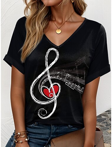  muziekfestival Dames T-shirt Grafisch Muziek Casual Korte mouw V-hals Normale tops Dagelijks Weekend Vakantiekleding Afdrukken Zwart Zomer
