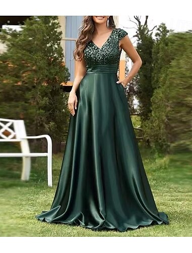  A-Linie Quinceanera-Kleider Party Kleid Gala Geburtstag Pinsel Schleppe Kurzarm V Ausschnitt Tasche Charmeuse V Zurück mit Glitzer Gerafft Paillette 2025