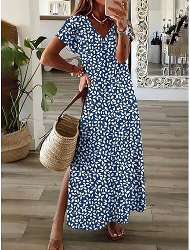  Dames maxi jurk A-lijn jurk zomer jurk elegant vakantie casual vakantie dagelijks reguliere pasvorm bloemen grafisch stippen korte mouw V-hals stof blauw zomer lente herfst