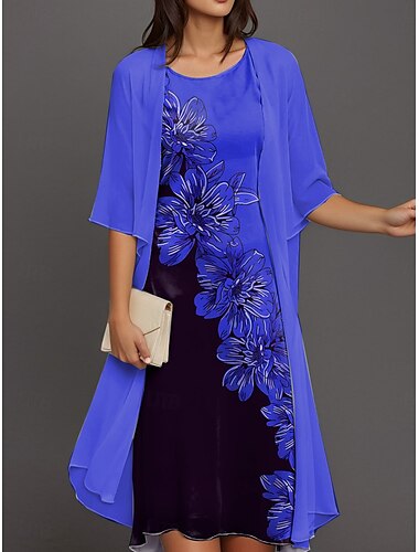  Damen Abschlusskleid Midi Kleid Kleiderset Shift Kleid Cocktail Semi Formal Floral Print Halbe Ärmel Rundhalsausschnitt Hochzeitsgast Alltag Blau Fuchsia Grün Sommer Frühling Lockere Passform