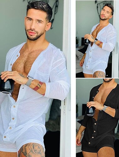  Hombre Mono Conjunto de pantalones cortos y camiseta Manga Larga Cuello Barco Verano Color sólido Ropa de Gimnasia Casual Una Sola Pieza Botón frontal Delgado Vacaciones Ropa Cotidiana Negro Blanco