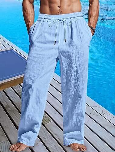 Herren Leinenhosen Hose Sommerhose Strandhose Kordelzug Tasche Elastischer Bund Einfach Komfort Atmungsaktiv Täglich Strand Urlaub Hawaiianisch Boho Weiß Khaki