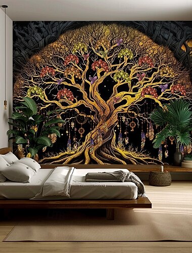  Baum des Lebens hängender Wandteppich Wandkunst großer Wandteppich Wanddekoration Fotohintergrund Decke Vorhänge Wohnraum Schlafzimmer Wohnzimmer Dekoration Früchte und Federn