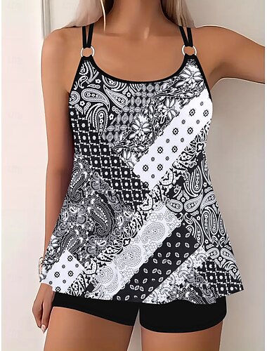  Damen Übergröße Badeanzug Tankini Zweiteilig Badeanzugkleid Jungenbein Bademode Hohe Taille Gestrickt Stilvoll Sportlich Paisley-Muster Transparent Rundhals Ärmellos Badeanzüge