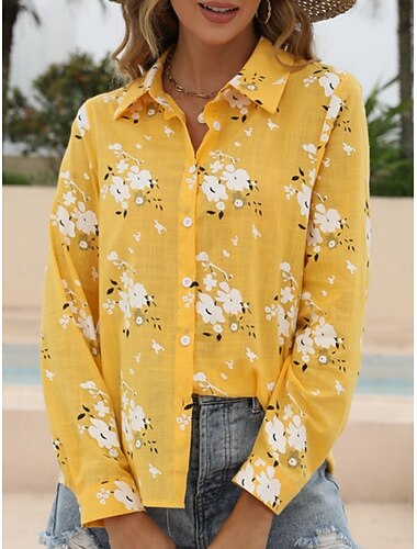  Camicia da donna floreale stilosa casual a maniche lunghe colletto regolare top quotidiano in lino simile bottoni stampa bianca gialla azzurra estate primavera