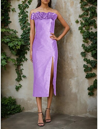  Etuikleid/Säulenkleid, elegantes Kleid, formelle Hochzeit, knielang, ärmellos, schulterfrei, rosa Kleid aus Satin mit Blume 2025