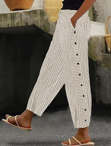  Damen Hose aus Baumwollleinen Stoffhosen Hosen Hose Streetwear Lässig Volle Länge Natürliche Taille Gestreift Tasche Elastisches Kordelzugdesign Atmungsaktivität Weich Mikroelastisch Lässig