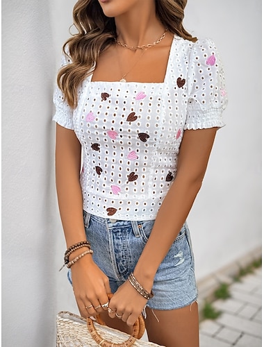  Damen Bluse Herz Stilvoll Freizeit Kurzarm Quadrat-Ausschnitt Reguläre Oberteile Täglich Patchwork Weiß Sommer Frühling