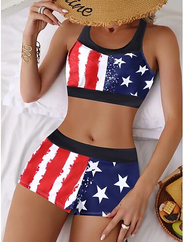  Női Extra méret Fürdőruha Bikini Tankini 2 darab Fiú láb Fürdőruha Magas derék Push up Kötött Stílusos Strandruházat Zászló Leopárd Kerek Ujjatlan Fürdőruhák
