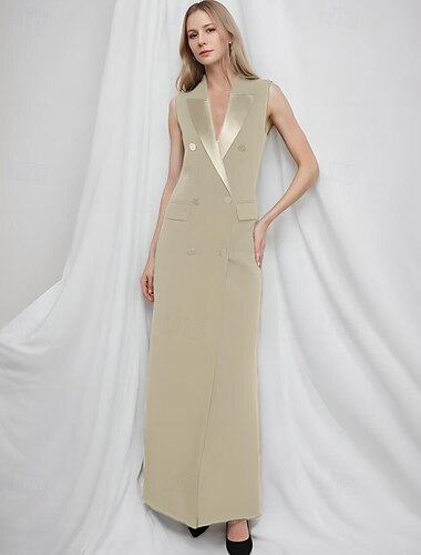  Vestido Blazer Sereia  Trompete Vestido de Mãe da Noiva Vestido Terno Elegante Fenda Alta Decote em V Comprimento até o Chão Crepe Sem Mangas com Bolsos de Aba Cor Sólida