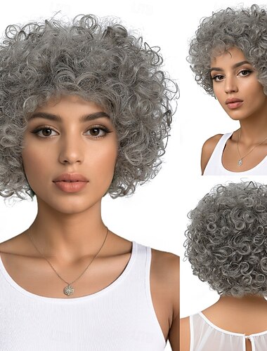  Synthetische Perücken Afrikanische Locken Wasserwelle Asymmetrisch Mit Pony Maschinell hergestellt Perücke 12 Zoll A1 Synthetische Haare Damen Klassisch Bezaubernd Bequem Grau