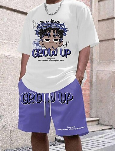  Herren 3D Zeichentrick Text / Nummer 2St T-Shirts-Sets Sommeroberteile Kurzarm Kurze Hosen Rundhalsausschnitt Sport Lässig Outdoor Sport Täglich 3D-Druck Sommer Weiß Grün