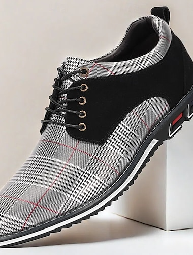  Chaussures habillées à lacets à carreaux noirs et gris pour hommes avec semelle sportive, style décontracté moderne pour un usage quotidien et au travail