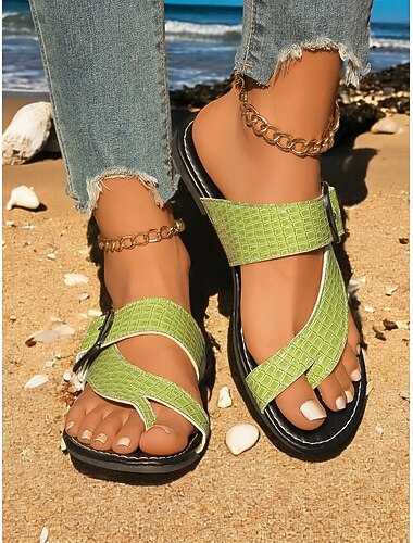  trendy groene croc-reliëf sandalen voor dames - dubbele band, teenslipper - stijl schoenen voor stranduitjes, zomerwandelingen en informele bijeenkomsten voor dames