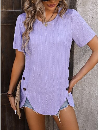  Camiseta Feminina T Shirt Cor Sólida Simples Moda Moderna Casual Manga Curta Gola Careca Tops Regulares Diários Fim de Semana Botões Preto Branco Roxo Fúcsia Verão