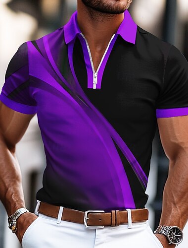  Herren Geometrisch Linie Poloshirts mit Reißverschluss Kurzarm Polo-Shirts Hemden mit Kragen Business-Casual Geschäft Athleisure Büro-Outfit Alltagskleidung 3D-Druck Sommer Blau Purpur Grün