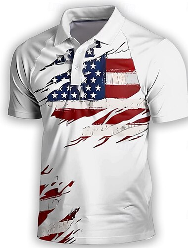  Amerikanischer Unabhängigkeitstag Herren Amerikanische Flagge Polo Kurzarm Polo-Shirts Hemden mit Kragen Vintage Lässig Outdoor Athleisure Knöpfe 3D-Druck Sommer Weiß Blau