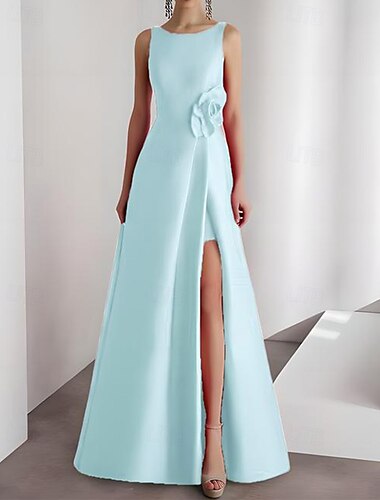  A-Linie Abendkleid elegantes Kleid formelle Hochzeit bodenlang ärmellos Rundhalsausschnitt Satin mit Schlitz 3D Blume 2025